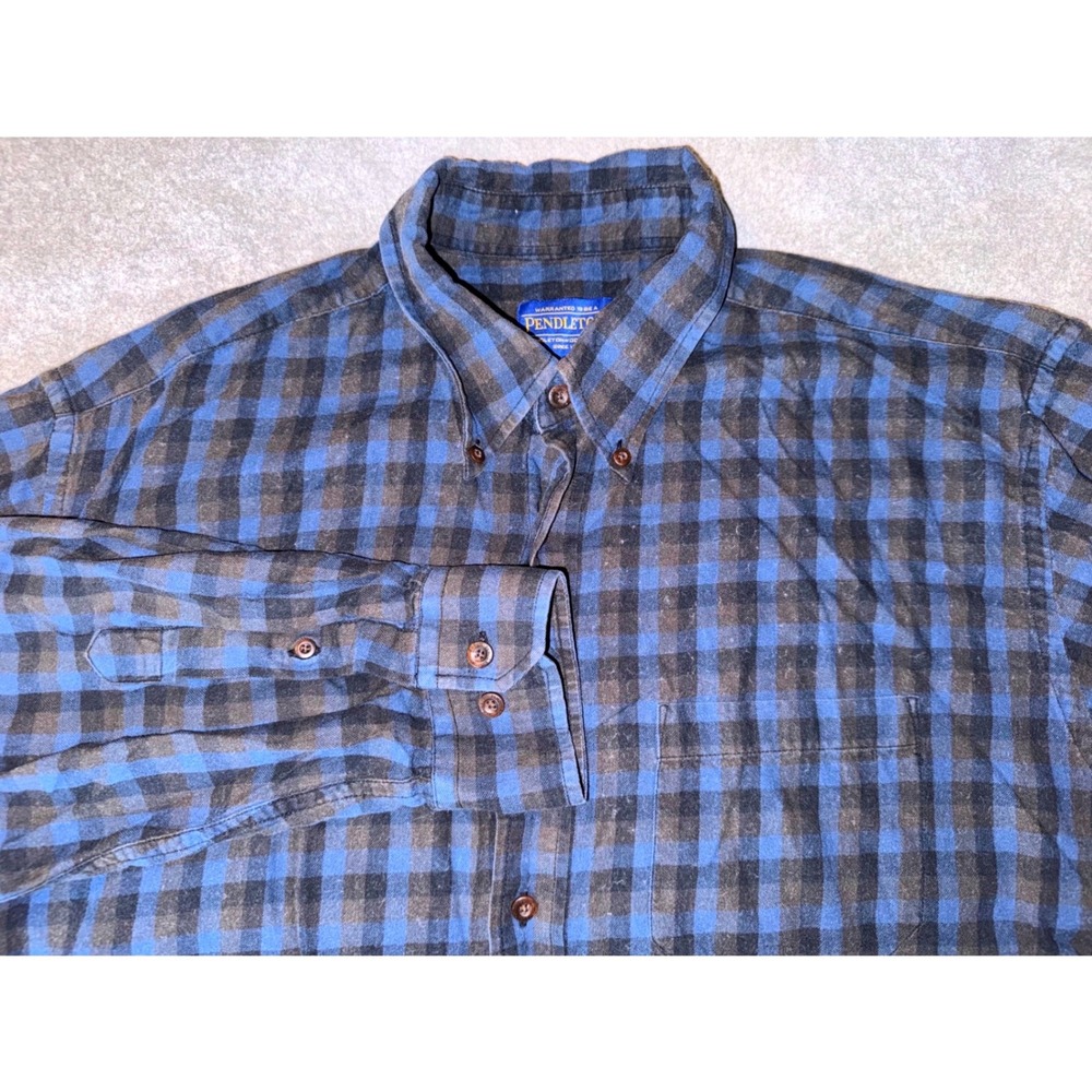 Pendleton Mens XL Blue Black Pima Cotton Merino Wool Buffalo Check Flannel Shirt